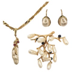 Baroque Pearl, Sapphire, Ruby Brooch, Necklace, Earrings Set in Yellow Gold