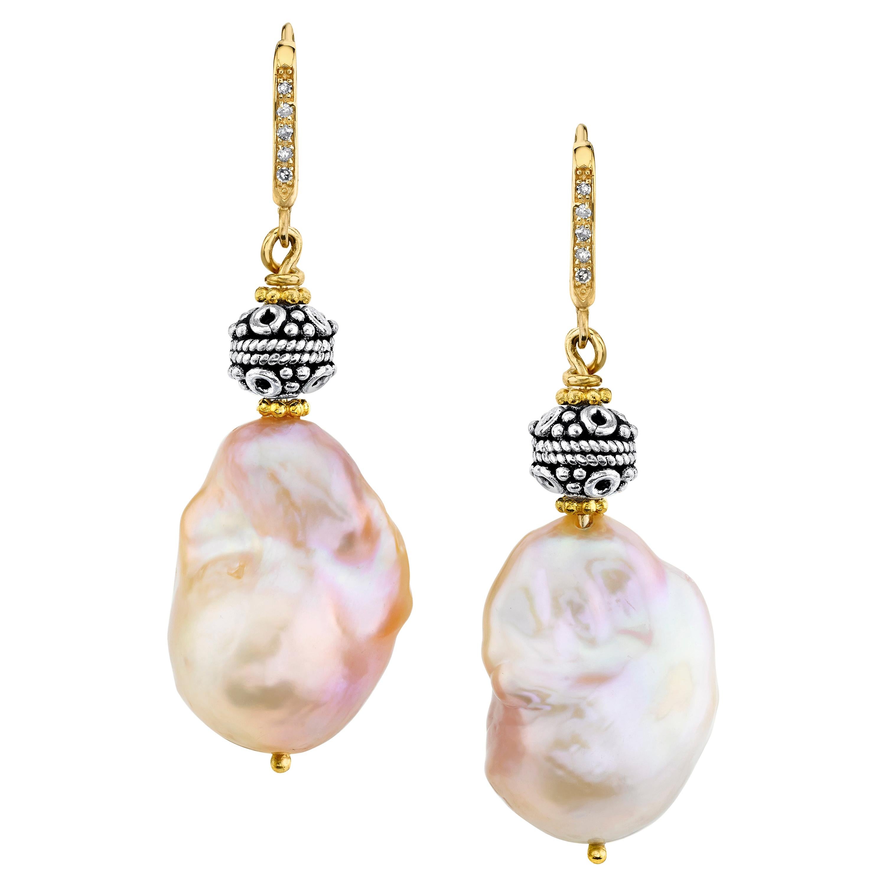 Baroque Pearl, Sterling Silver, Yellow Gold Dangle Drop French Wire Earrings