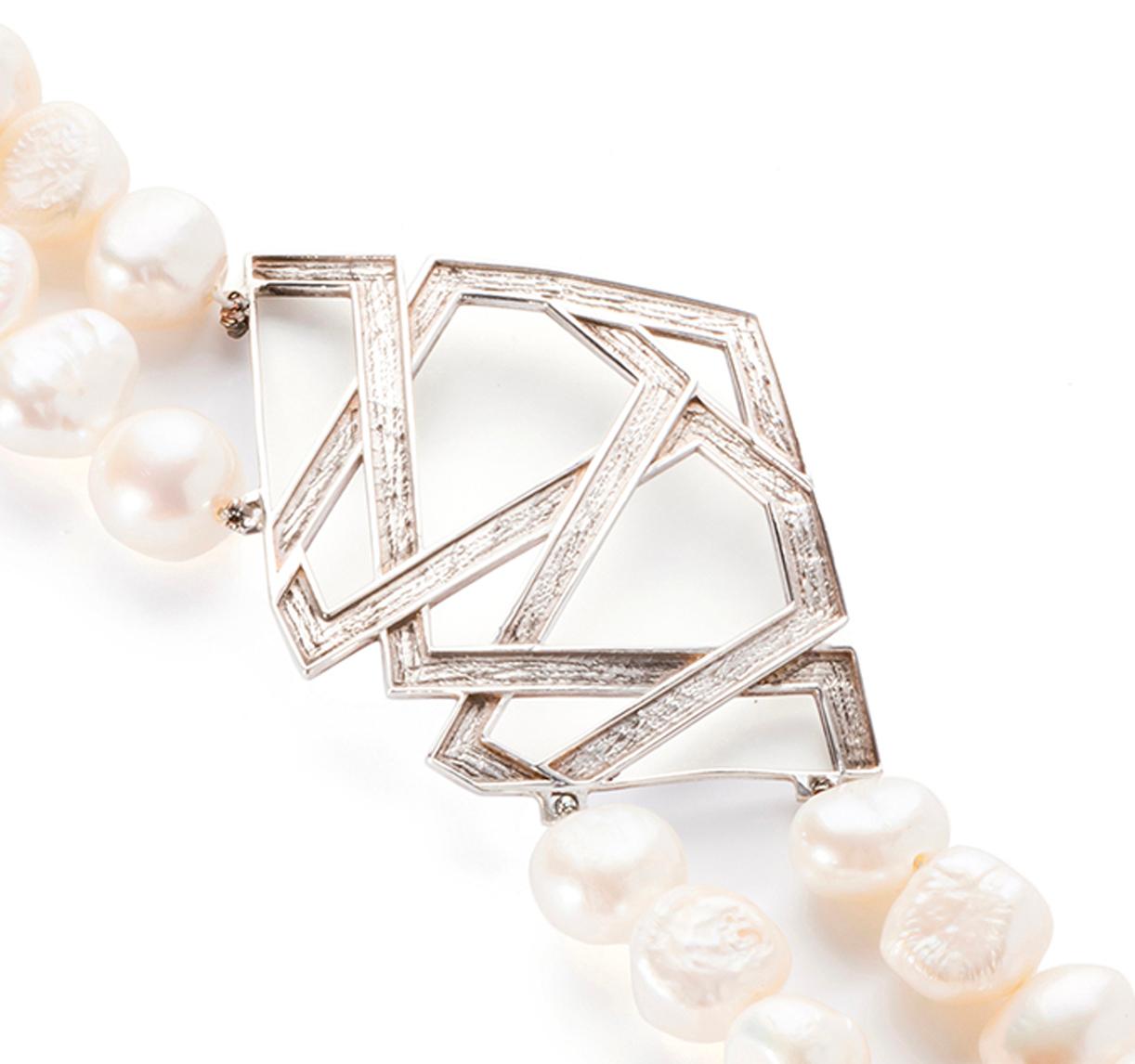 Contemporary Baroque Pearl, Sterling Silver Bracelet, Geometric and Handmade For Sale