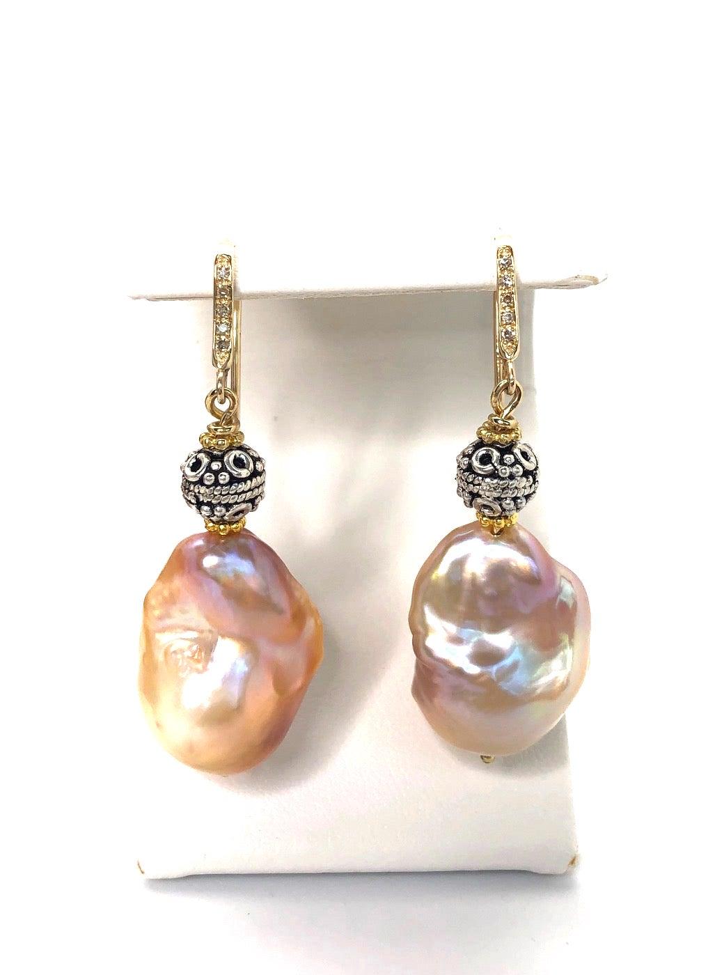 Baroque Pearl and Sterling Silver Drop Earrings with Yellow Gold French Wires For Sale 1