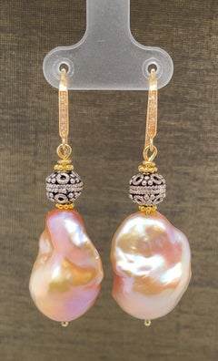 Baroque Pearl and Sterling Silver Drop Earrings with Yellow Gold French Wires
