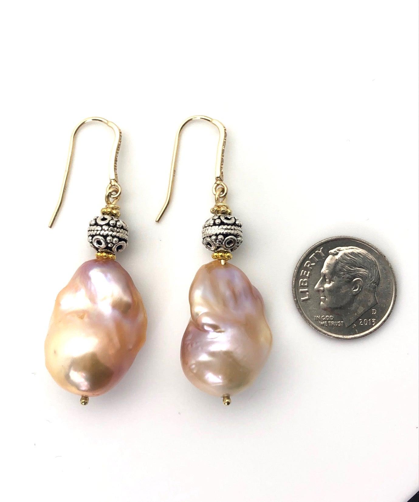 Baroque Pearl and Sterling Silver Drop Earrings with Yellow Gold French Wires For Sale 2