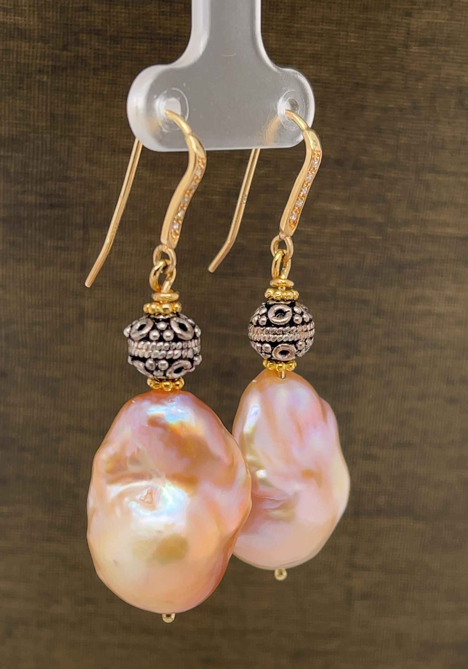 Artisan Baroque Pearl and Sterling Silver Drop Earrings with Yellow Gold French Wires For Sale