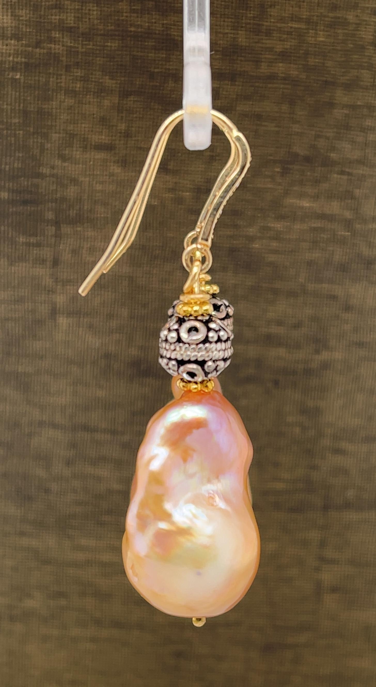 Bead Baroque Pearl and Sterling Silver Drop Earrings with Yellow Gold French Wires For Sale