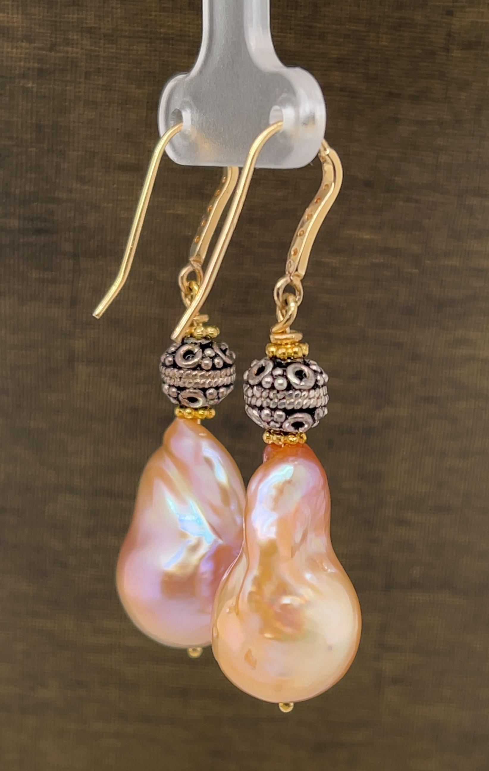Baroque Pearl and Sterling Silver Drop Earrings with Yellow Gold French Wires In New Condition For Sale In Los Angeles, CA