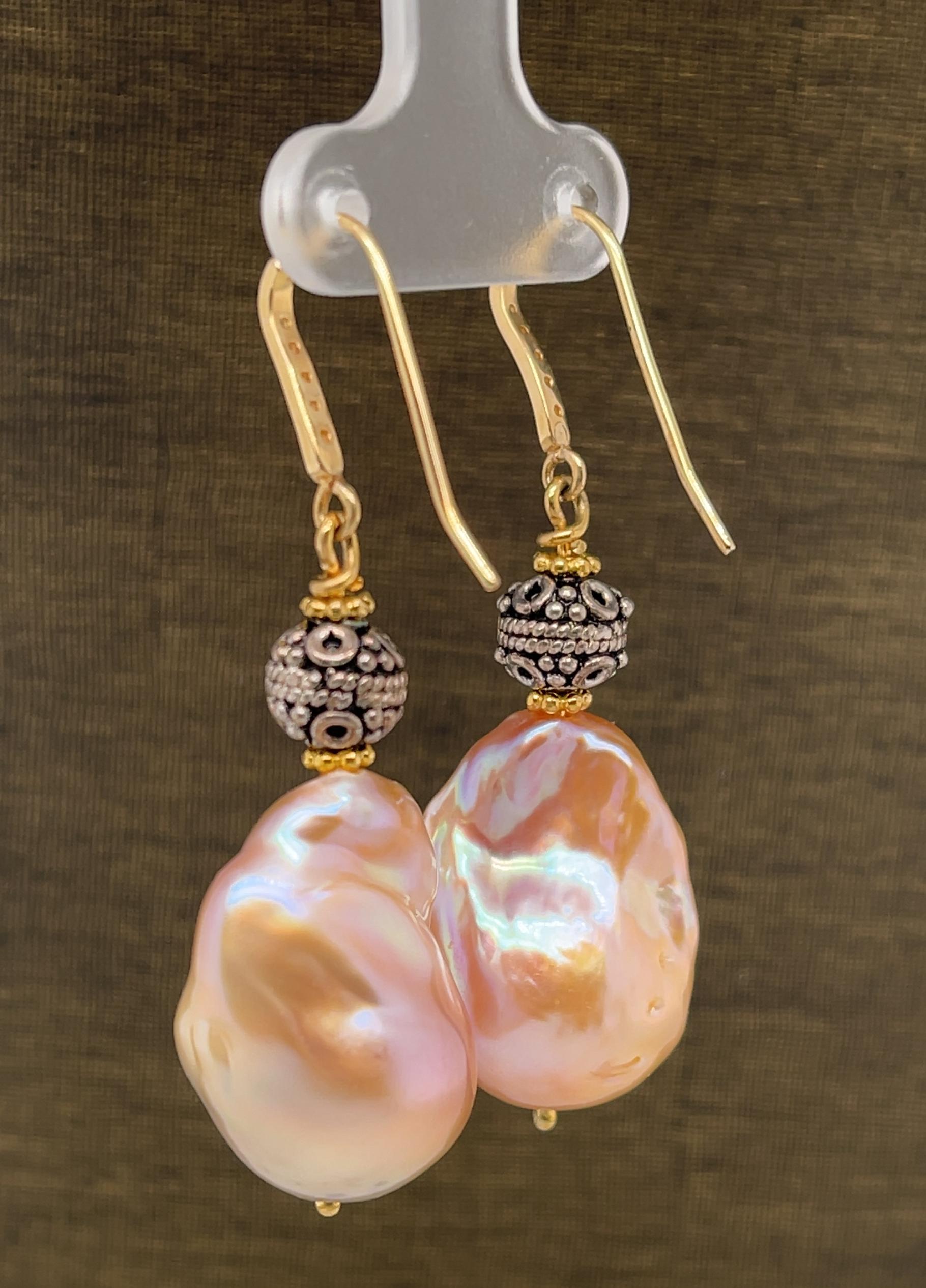 Women's Baroque Pearl and Sterling Silver Drop Earrings with Yellow Gold French Wires For Sale