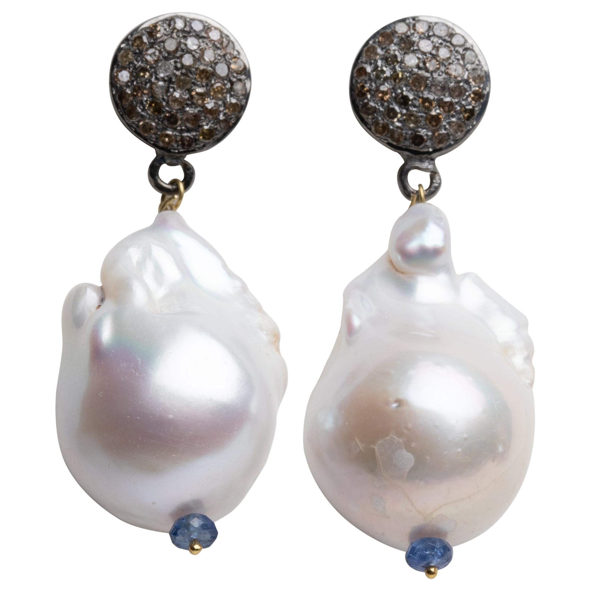 Baroque Pearl, Tanzanite and Diamond Drop Earrings by Deborah Lockhart Phillips For Sale