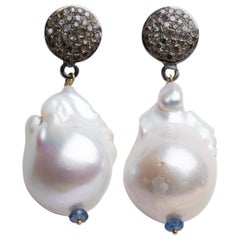 Baroque Pearl, Tanzanite and Diamond Drop Earrings by Deborah Lockhart Phillips