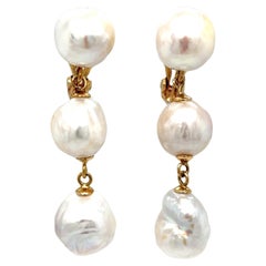 Baroque Pearl Triple Drop 14 Karat Yellow Gold Earrings