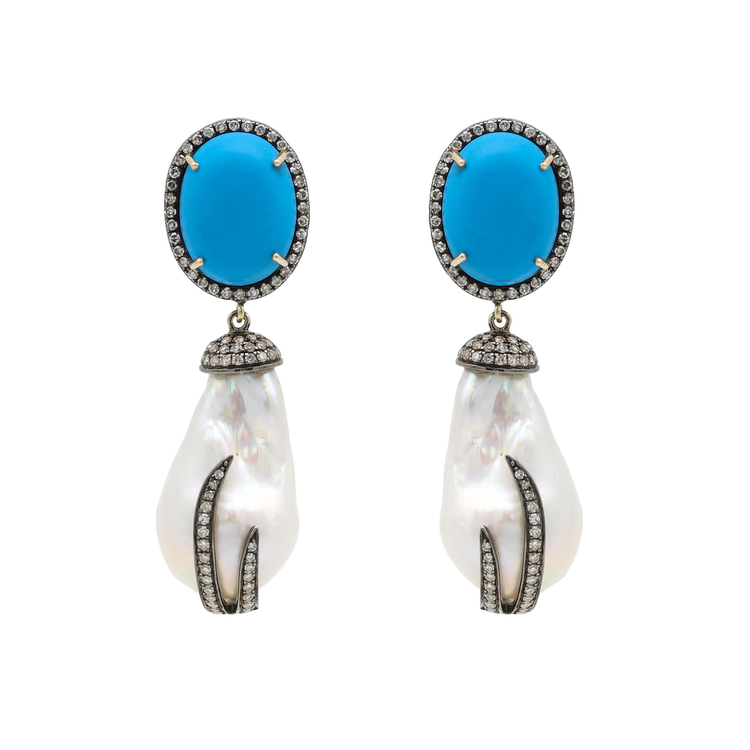 Baroque Pearl, Turquoise, and Diamond Drop Earrings in Victorian Style In New Condition For Sale In Jaipur, IN