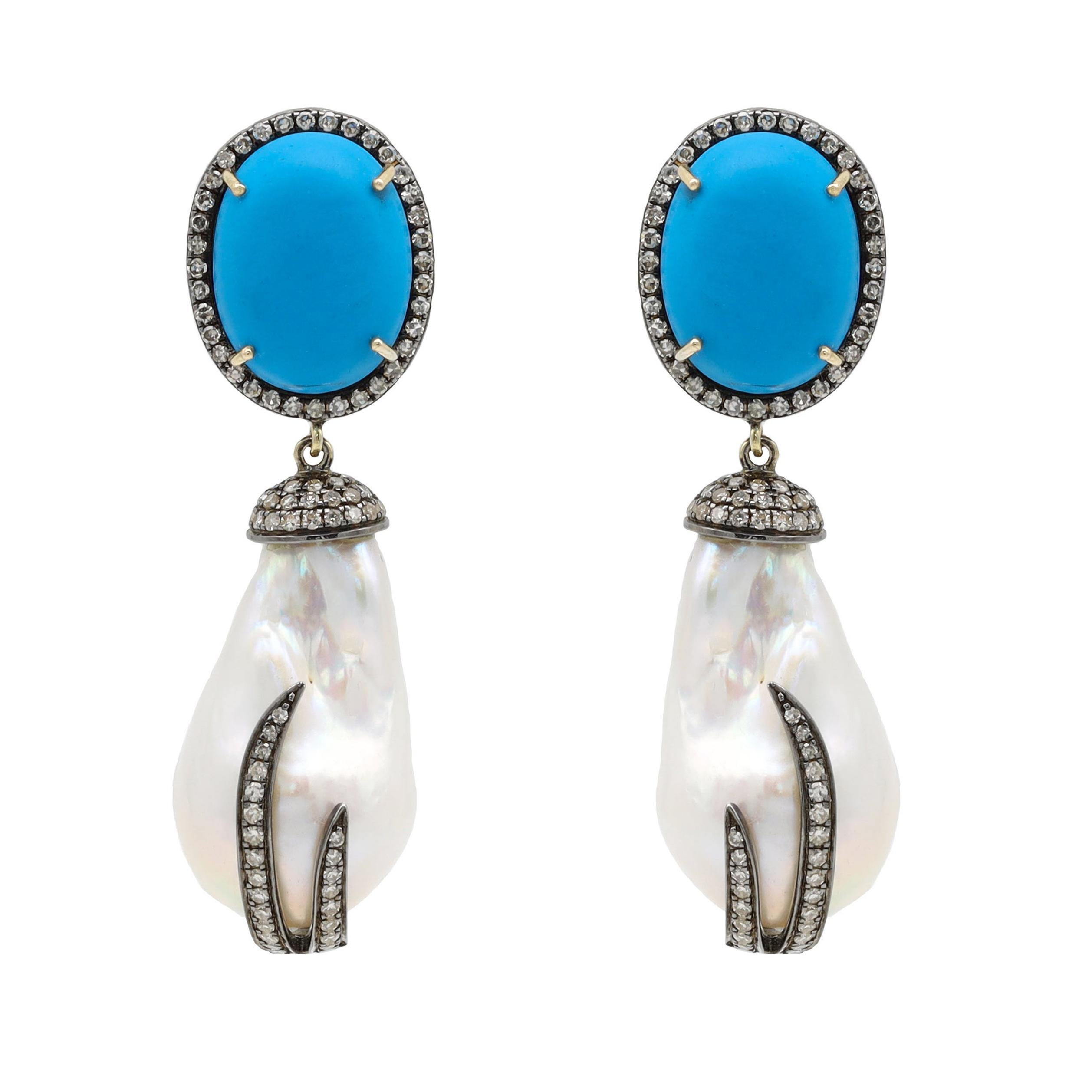 Baroque Pearl, Turquoise, and Diamond Drop Earrings in Victorian Style