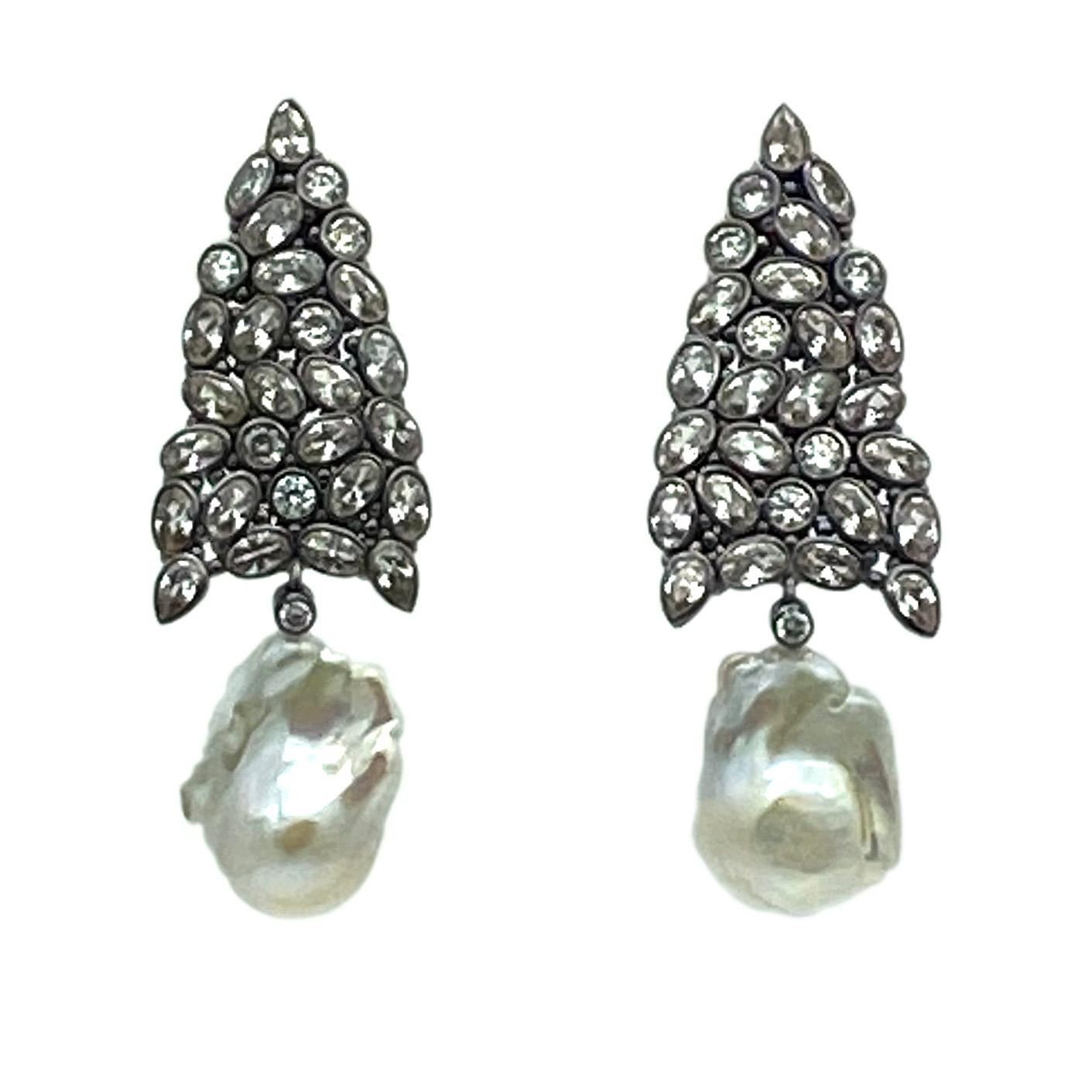 Uncut Baroque Pearl with CZ Drop Earrings For Sale
