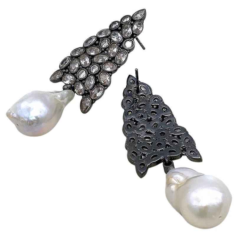 Uncut Baroque Pearl with CZ Drop Earrings