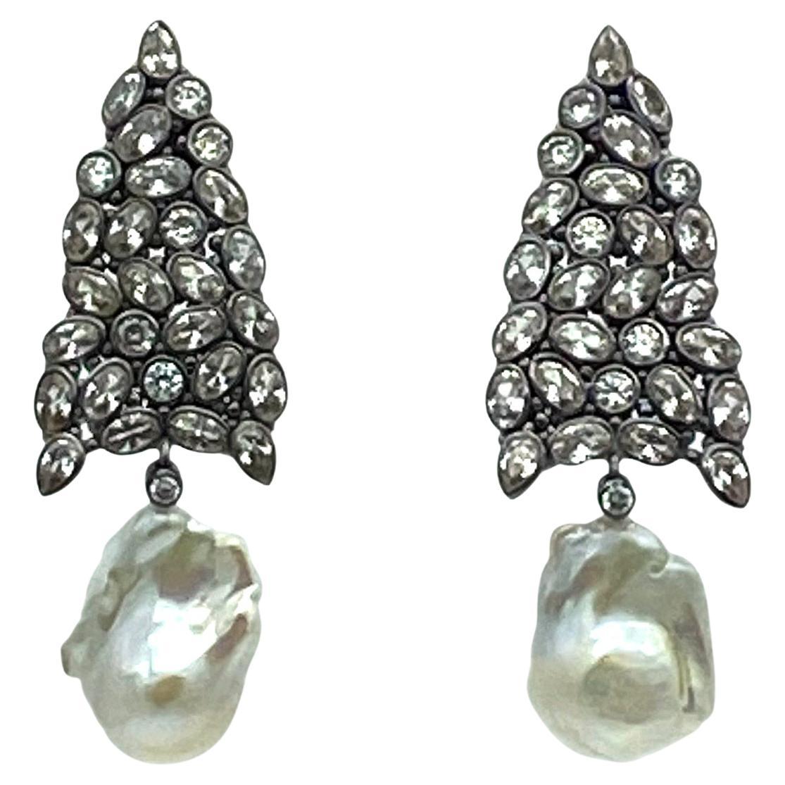 Baroque Pearl with CZ Drop Earrings For Sale