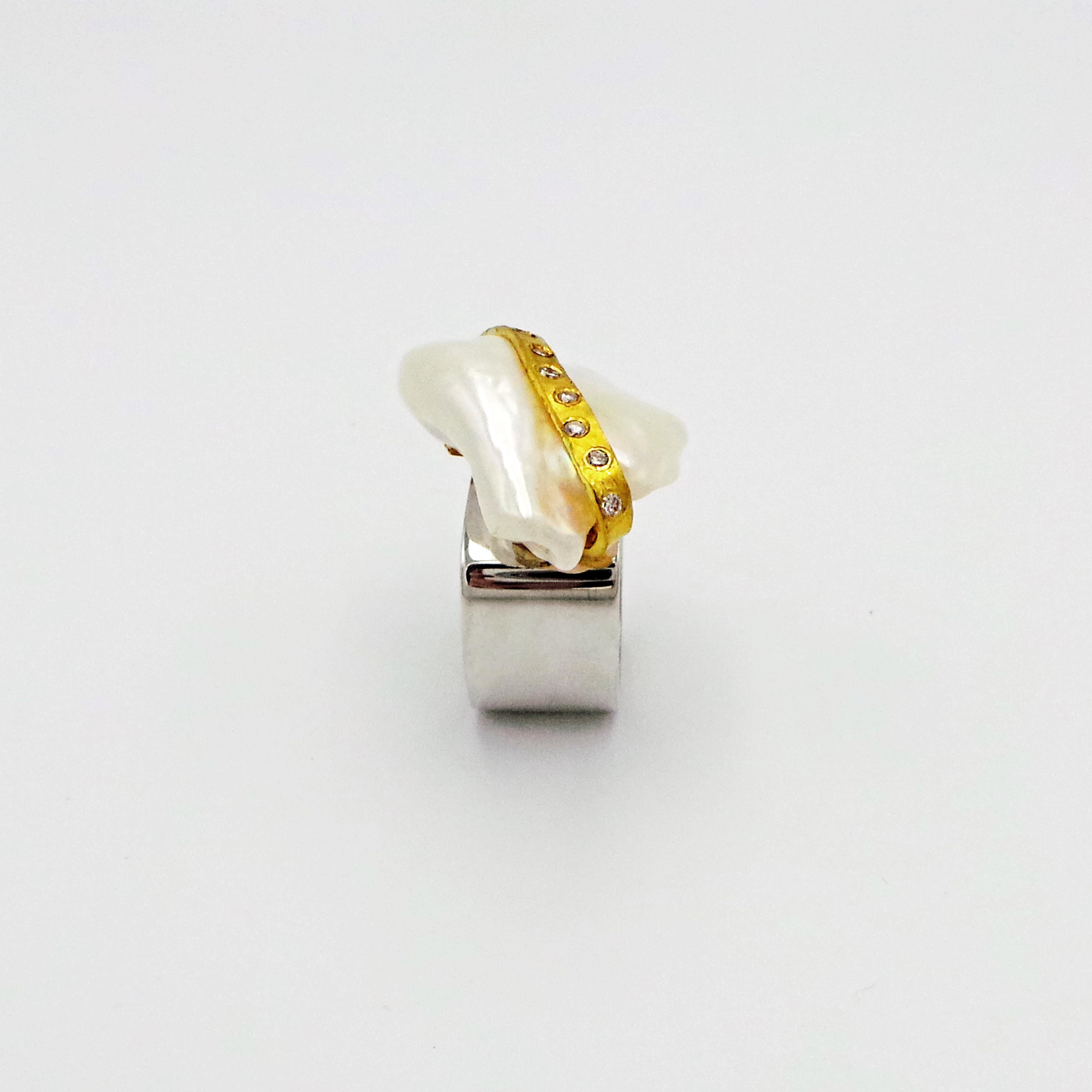 Modern Baroque Pearl with Diamond and Gold Ribbon Cocktail Ring For Sale