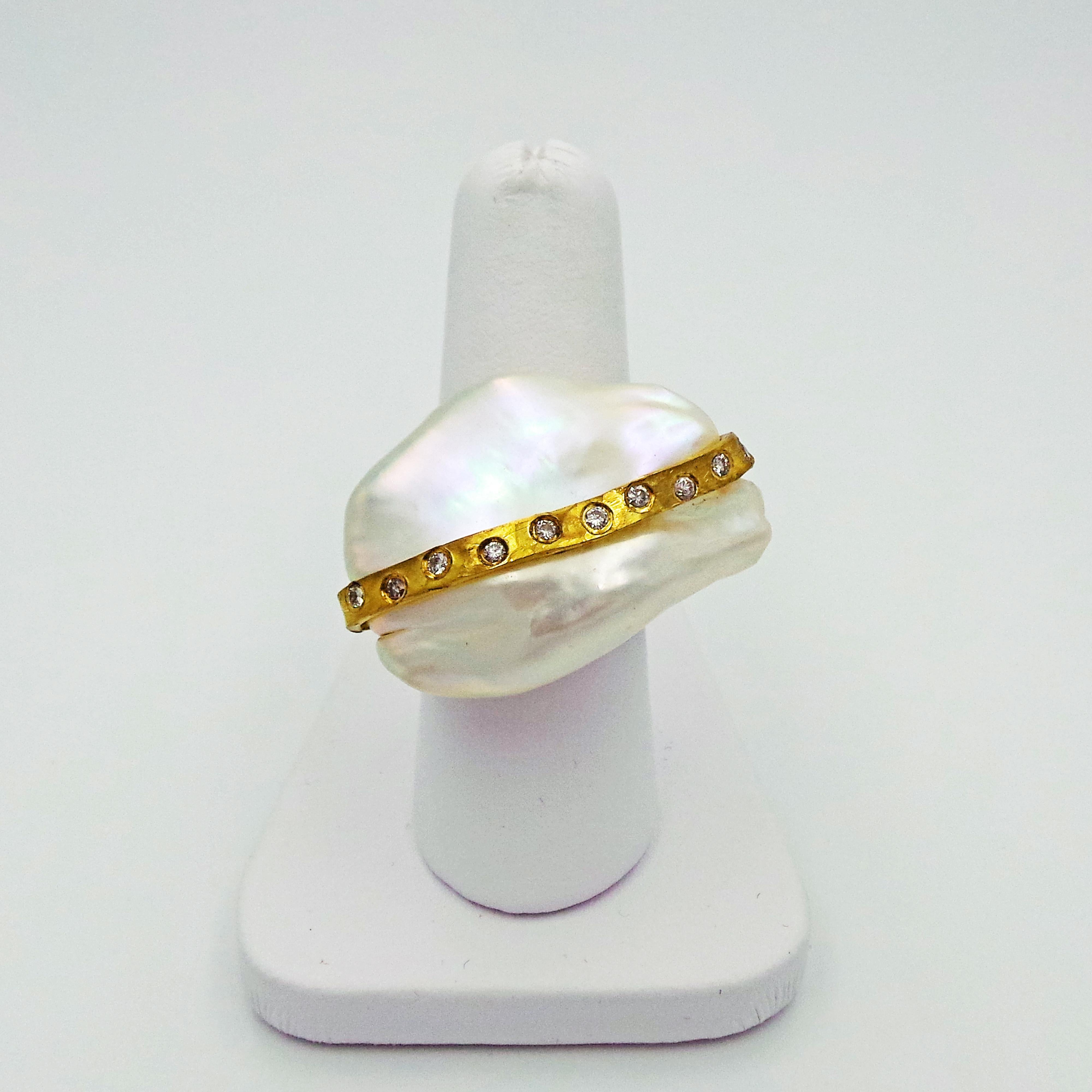 Round Cut Baroque Pearl with Diamond and Gold Ribbon Cocktail Ring For Sale