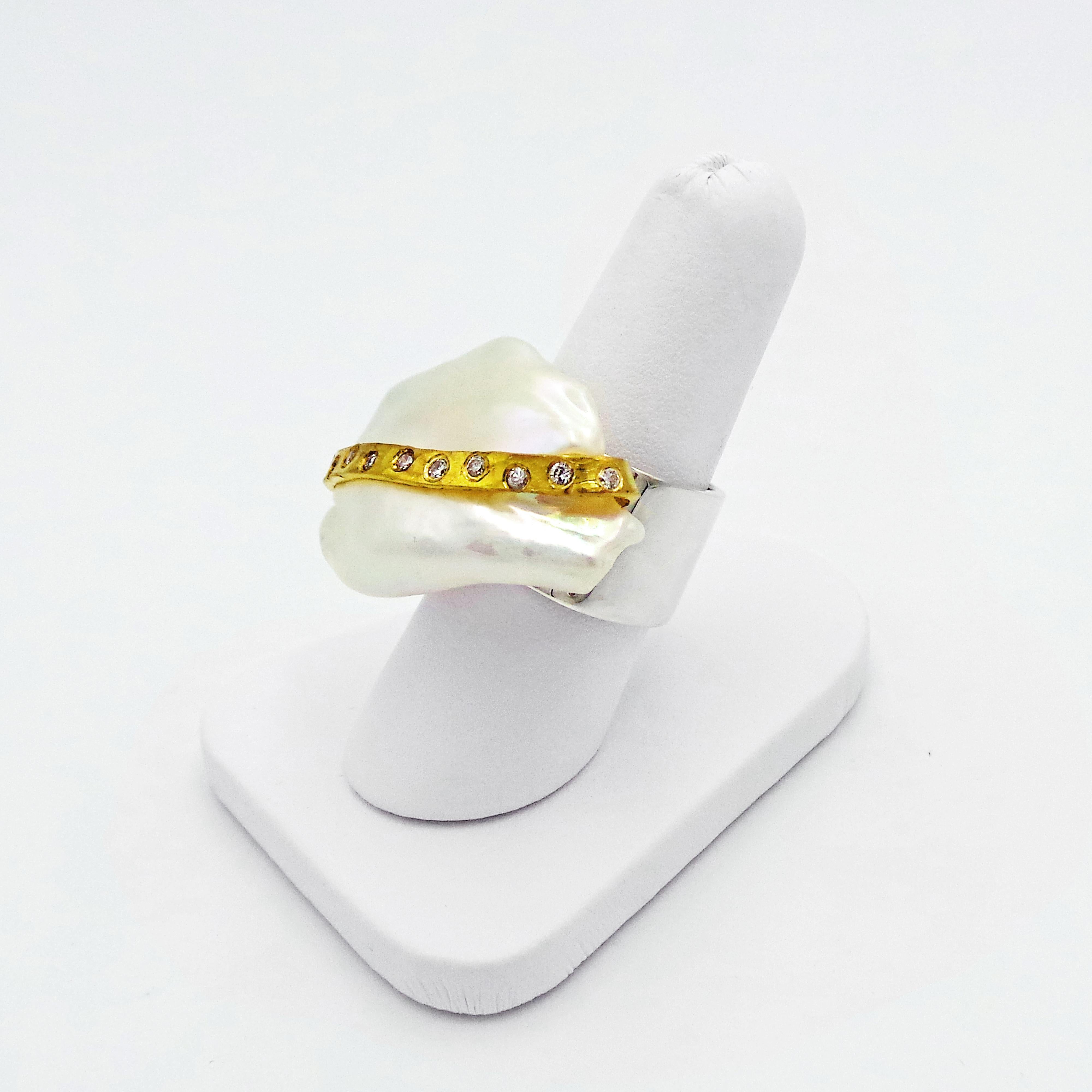 Baroque Pearl with Diamond and Gold Ribbon Cocktail Ring In New Condition For Sale In Naples, FL