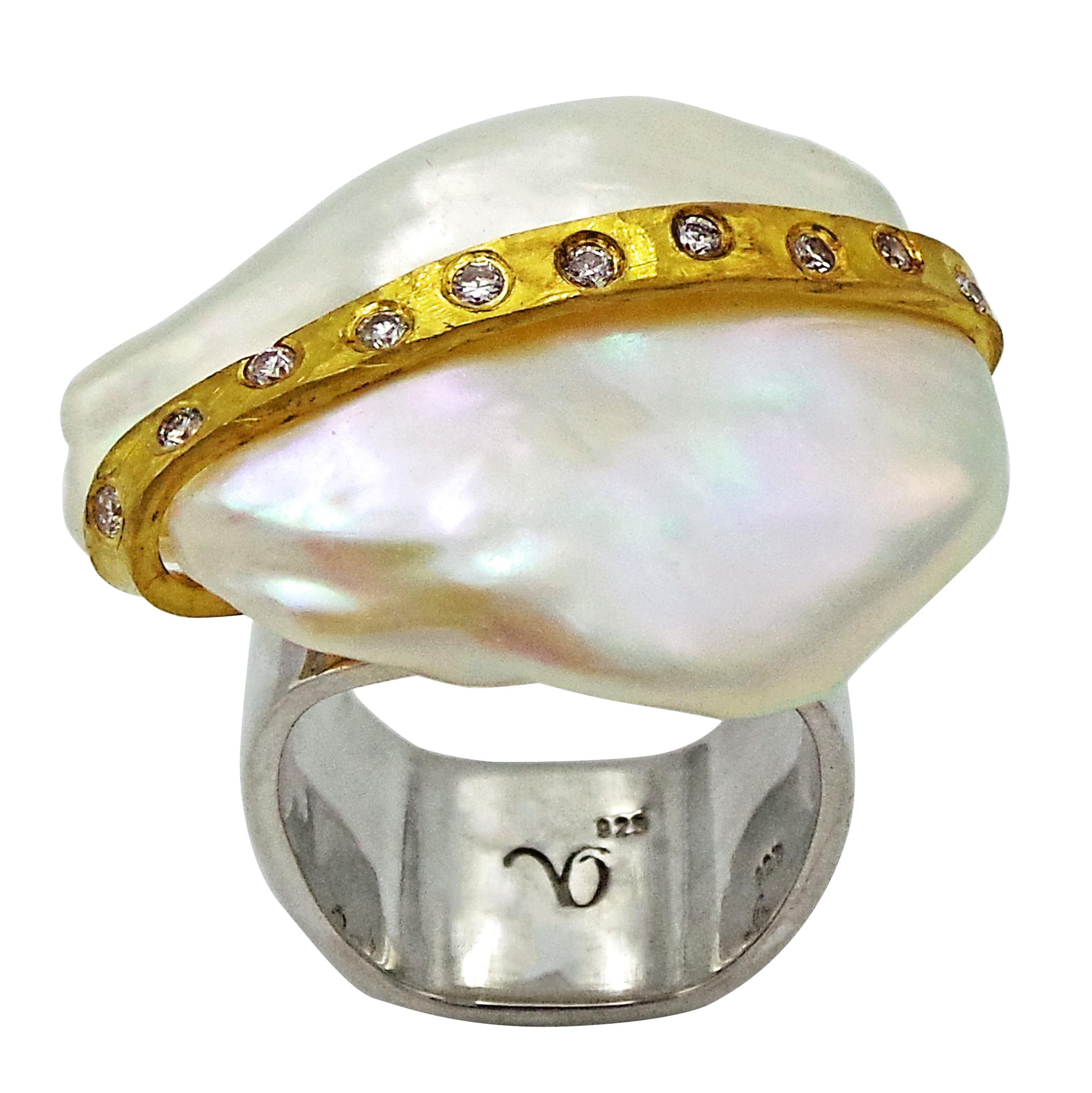 Baroque Pearl with Diamond and Gold Ribbon Cocktail Ring For Sale