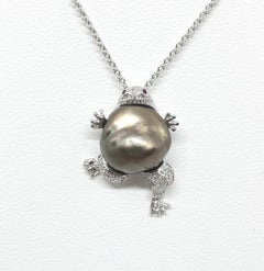 Baroque Pearl with Diamond and Ruby Frog Pendant Set in 18 Karat White Gold