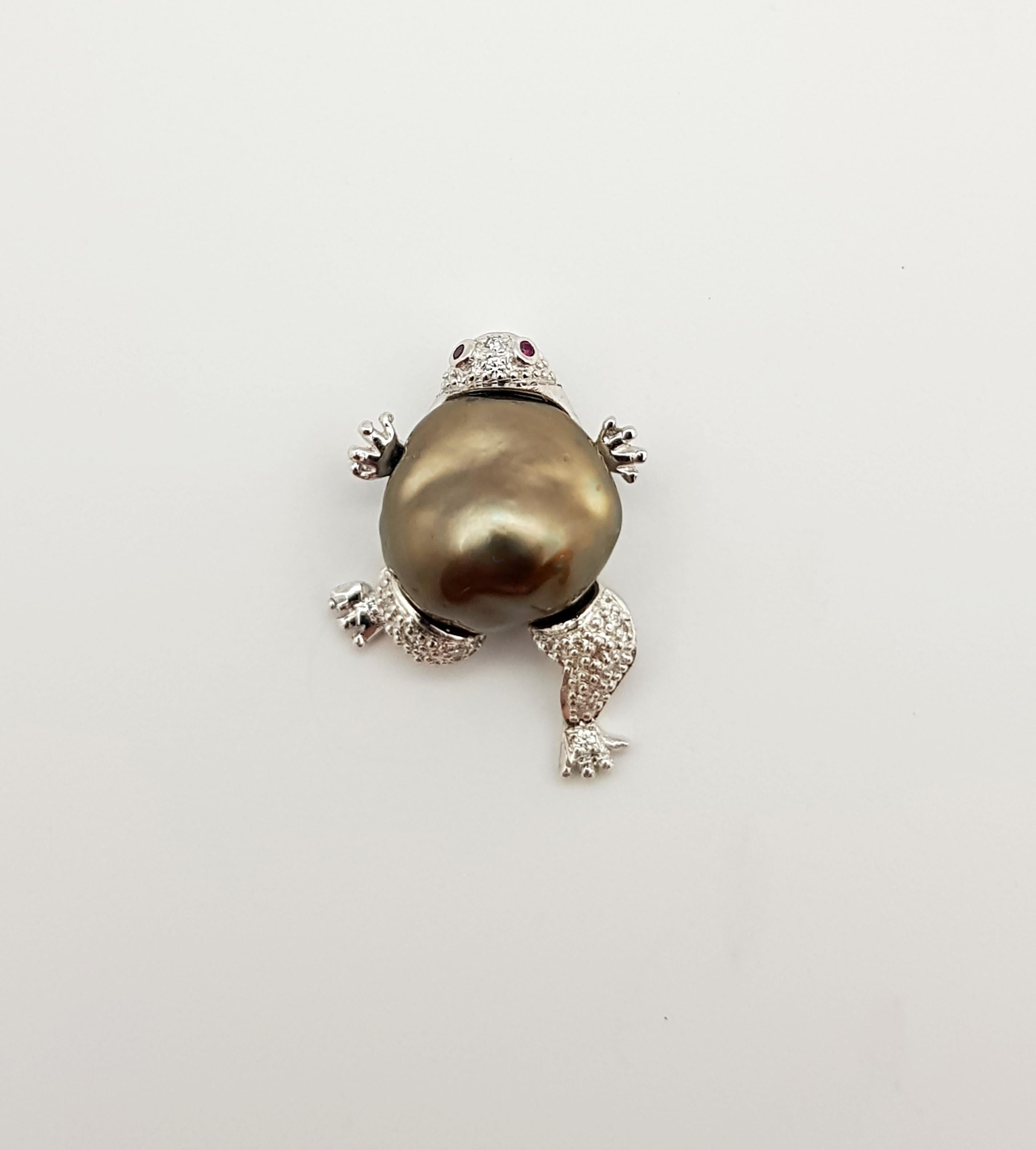 Mixed Cut Baroque Pearl with Diamond and Ruby Frog Pendant Set in 18 Karat White Gold For Sale