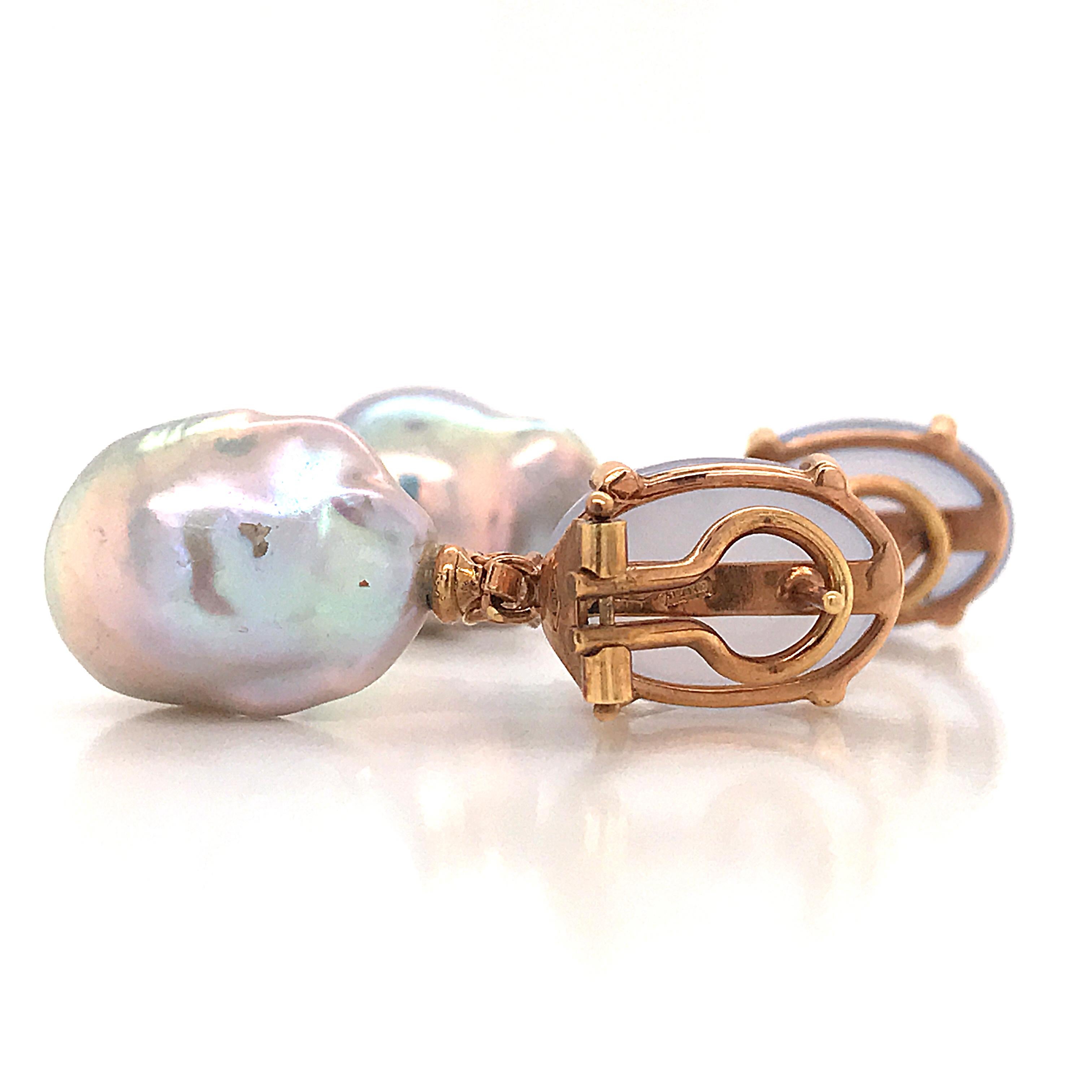 Women's Baroque Pearl with Diamonds and Calcedony on Rose Gold 18 Karat Dangle Earrings