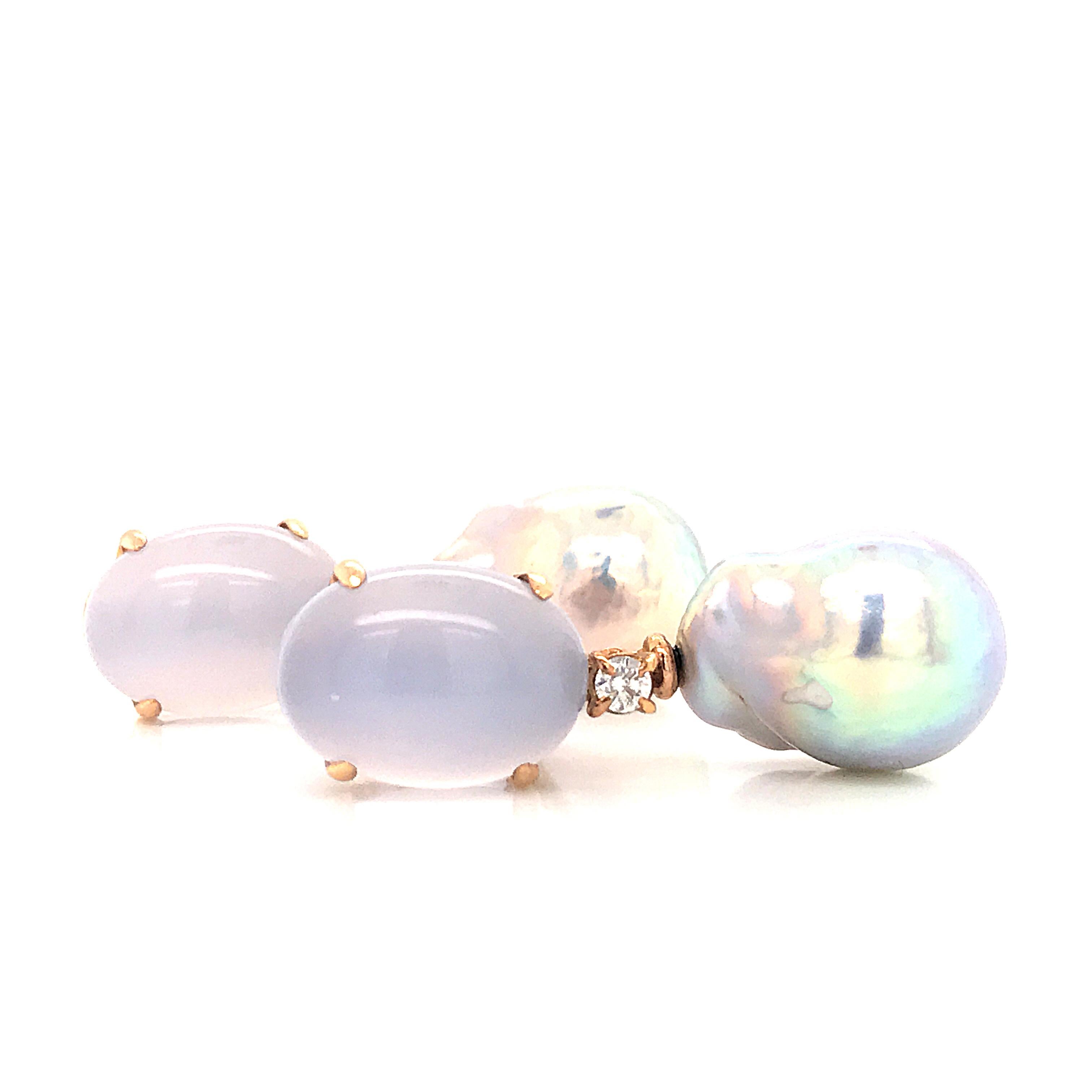 Baroque Pearl with Diamonds and Calcedony on Rose Gold 18 Karat Dangle Earrings 2