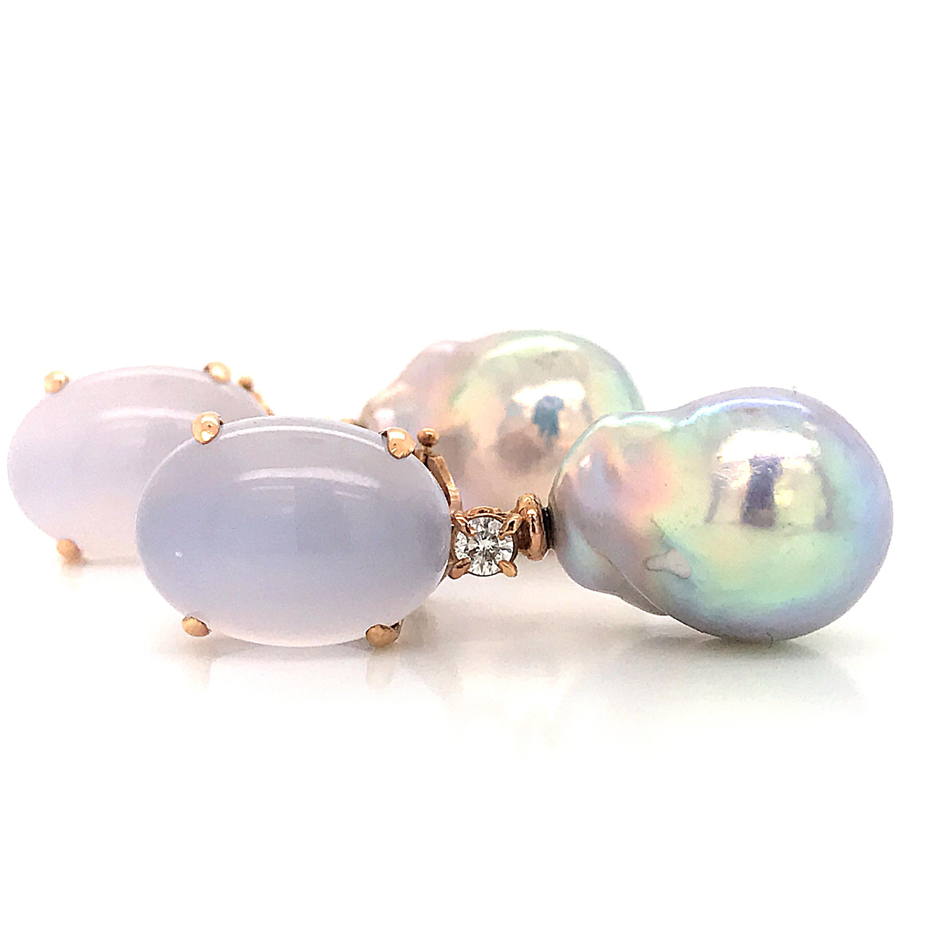 Baroque Pearl with Diamonds and Calcedony on Rose Gold 18 Karat Dangle Earrings 3