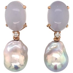 Baroque Pearl with Diamonds and Calcedony on Rose Gold 18 Karat Dangle Earrings