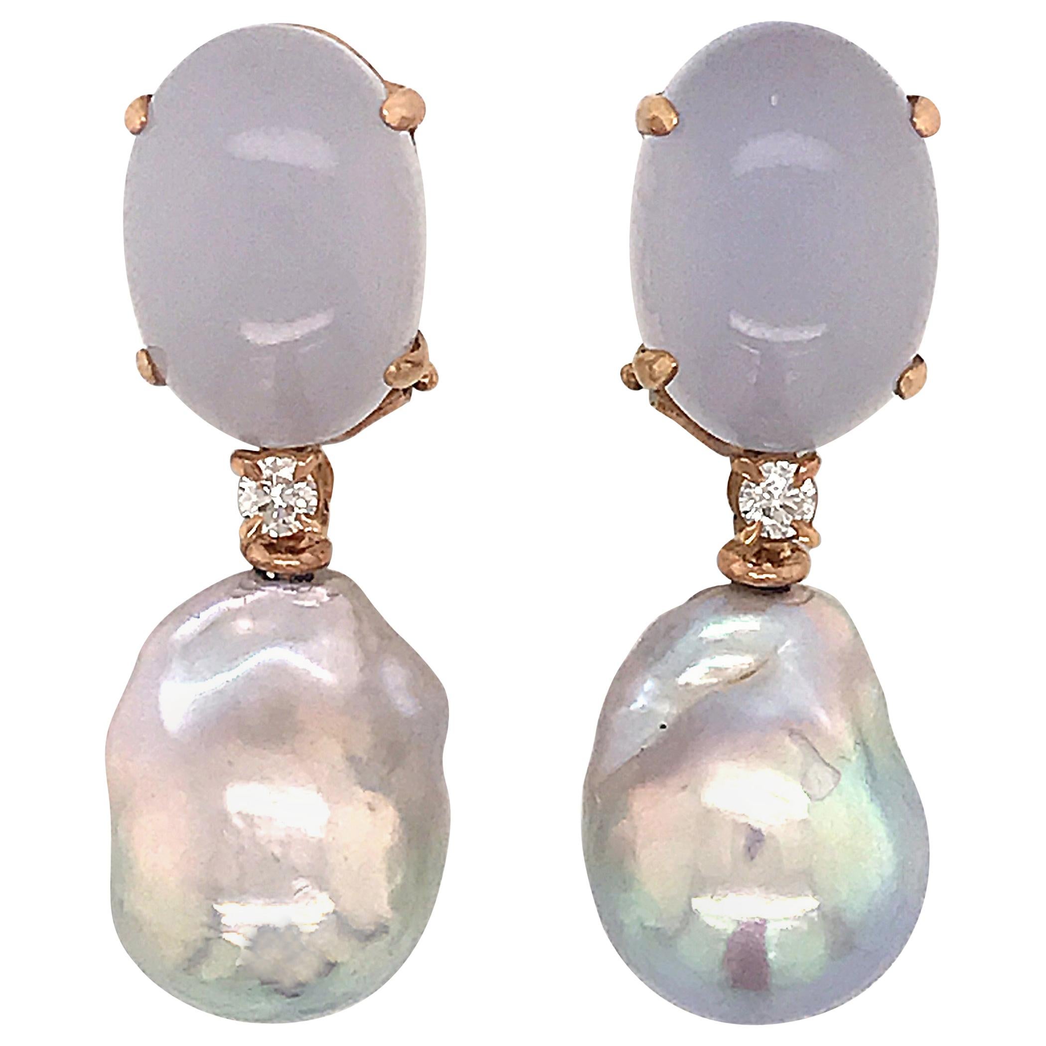 Baroque Pearl with Diamonds and Calcedony on Rose Gold 18 Karat Dangle Earrings