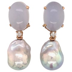 Baroque Pearl with Diamonds and Calcedony on Rose Gold 18 Karat Dangle Earrings Baroque Pearl with Diamonds and Calcedony on Rose Gold 18 Karat Dangle Earrings
