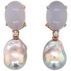 Baroque Pearl with Diamonds and Calcedony on Rose Gold 18 Karat Dangle Earrings