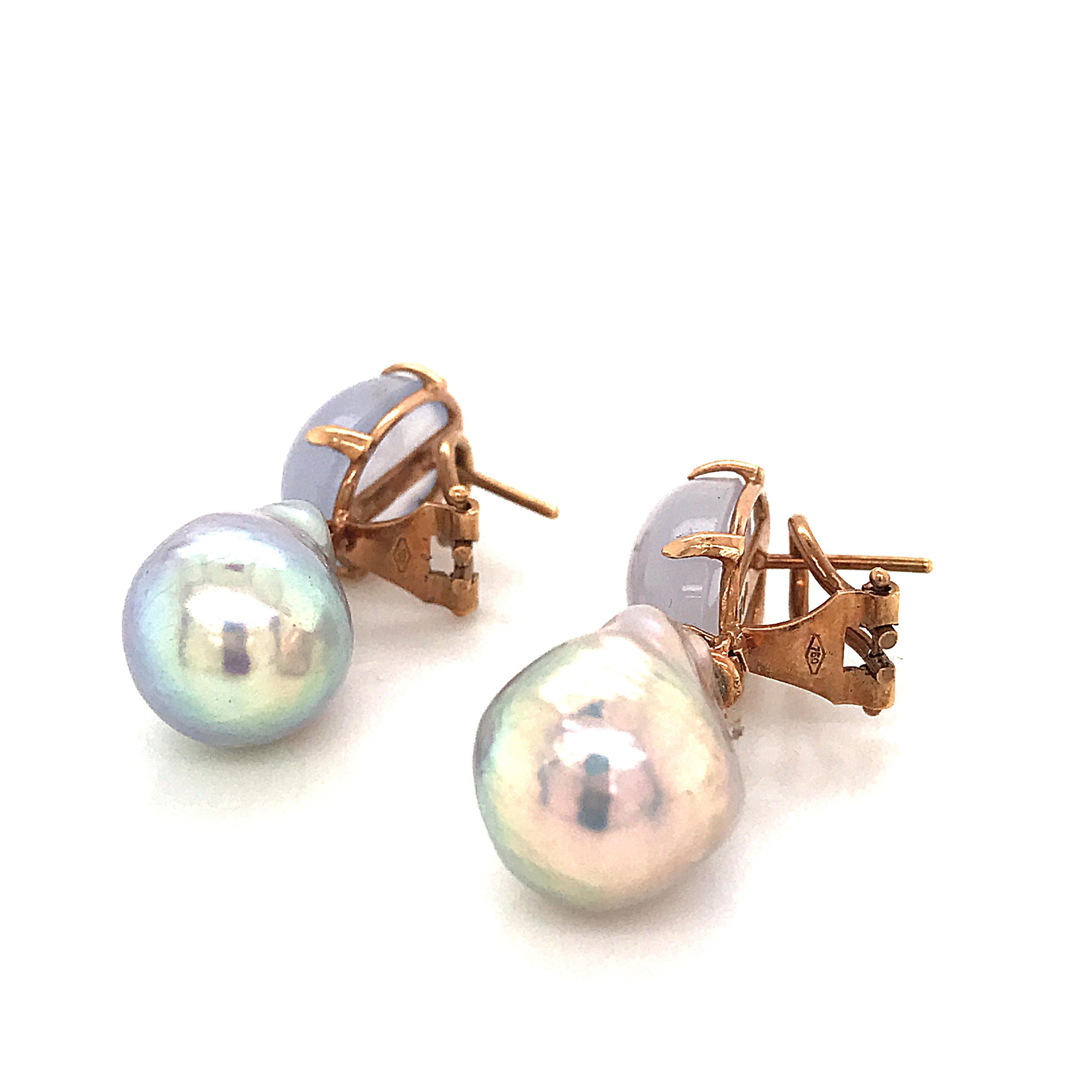 Contemporary Baroque Pearl with Diamonds and Calcedony on Rose Gold 18 Karat Dangle Earrings