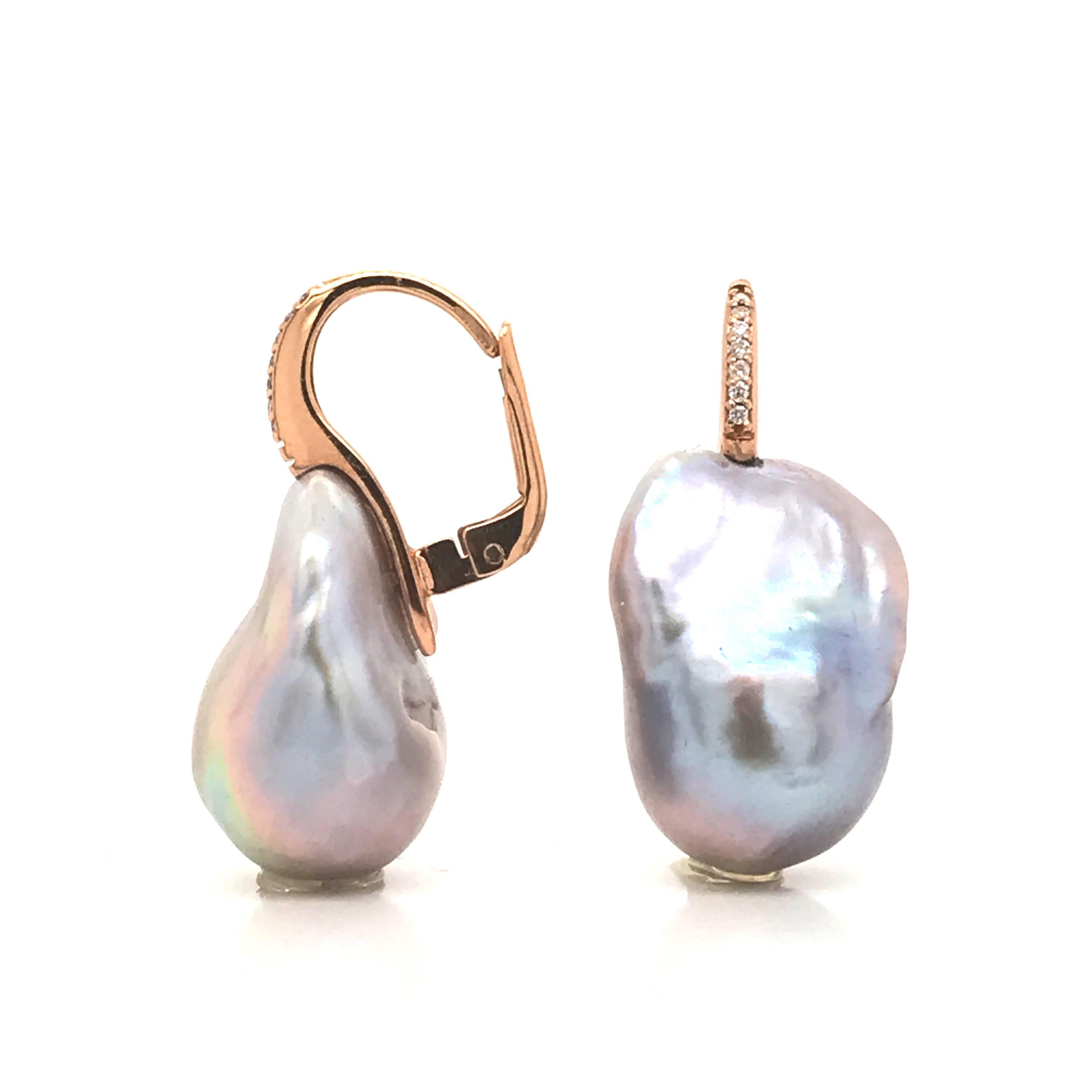 Contemporary Baroque Pearl with White Diamond on Rose Gold 18 Karat Drop Earring