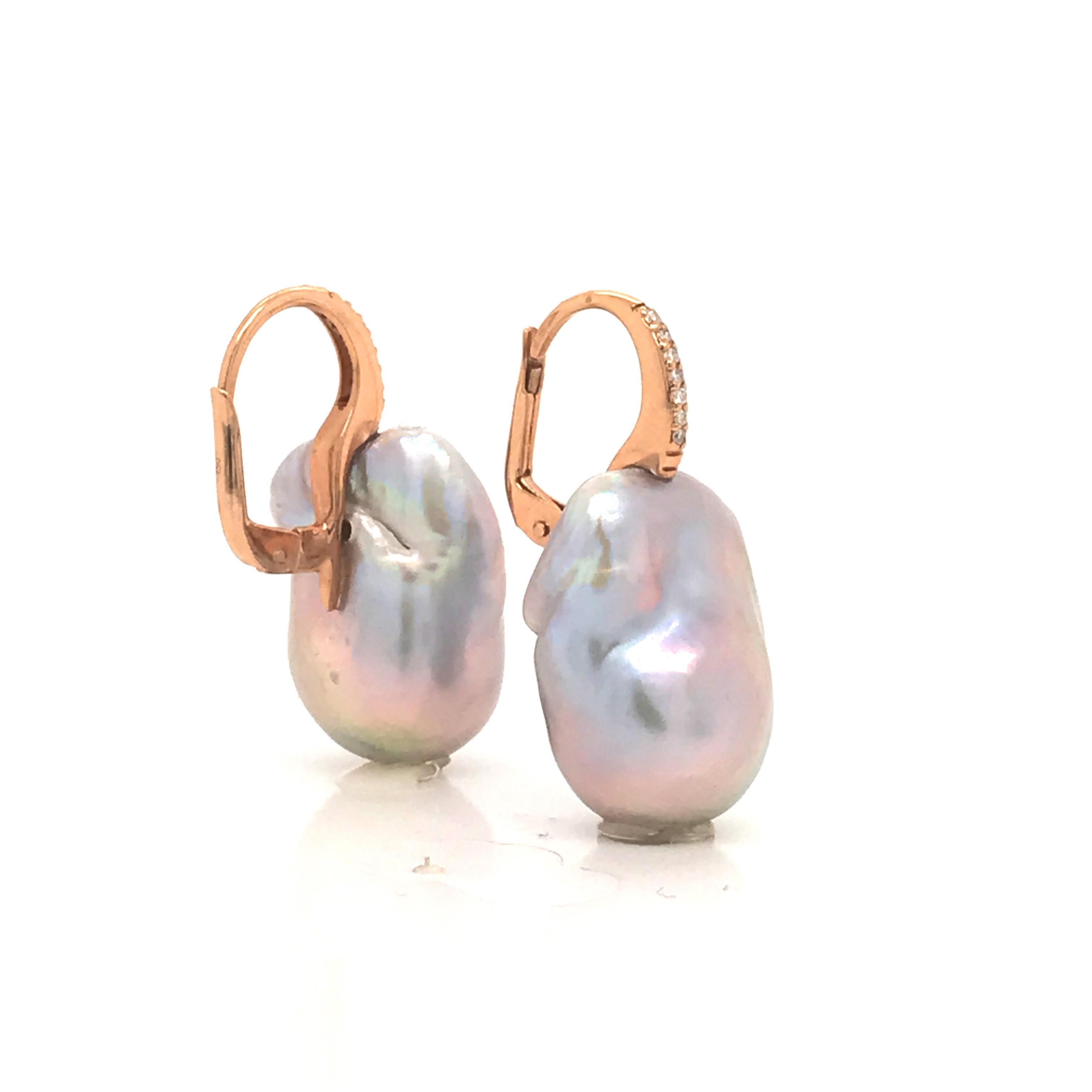 Women's Baroque Pearl with White Diamond on Rose Gold 18 Karat Drop Earring
