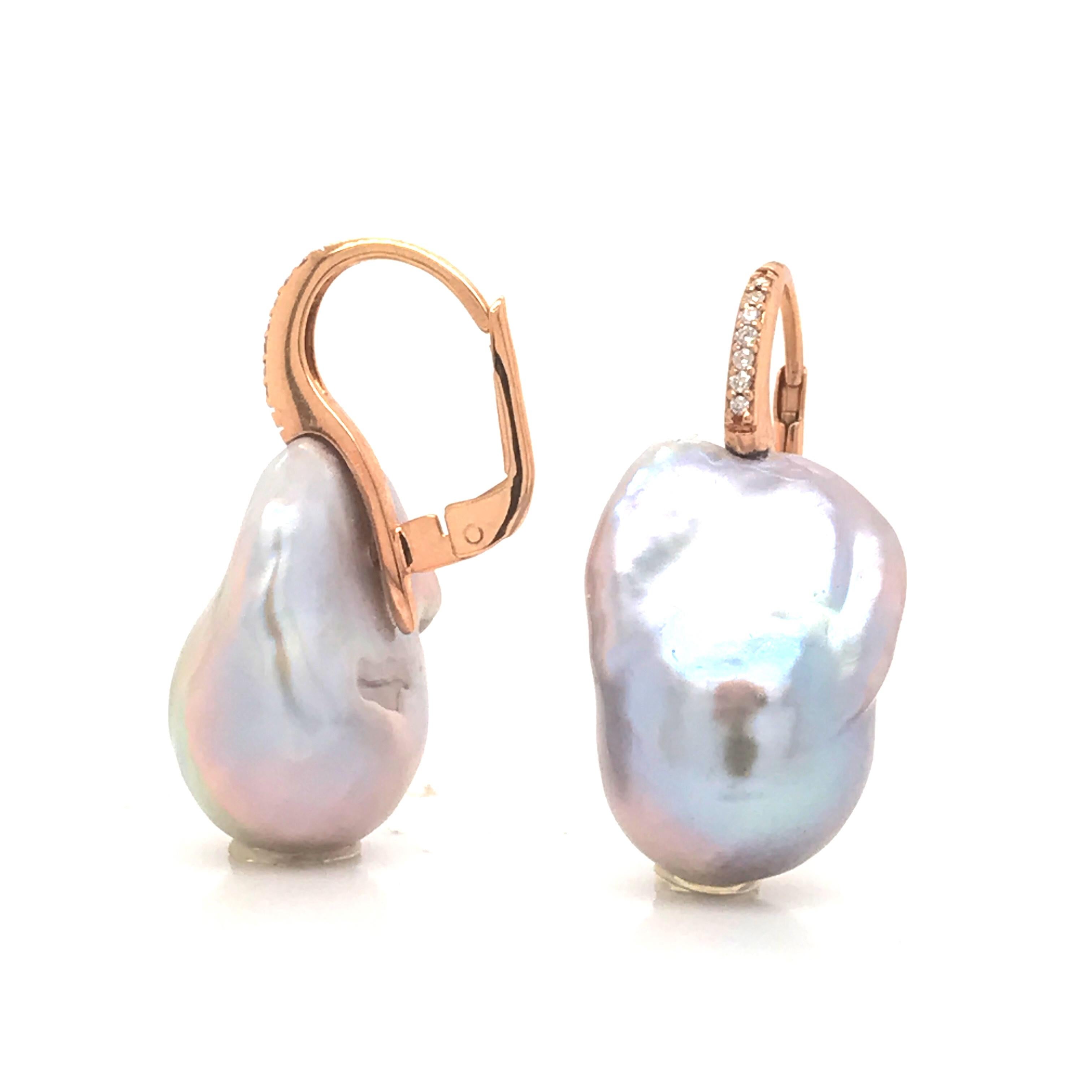 Baroque Pearl with White Diamond on Rose Gold 18 Karat Drop Earring 1