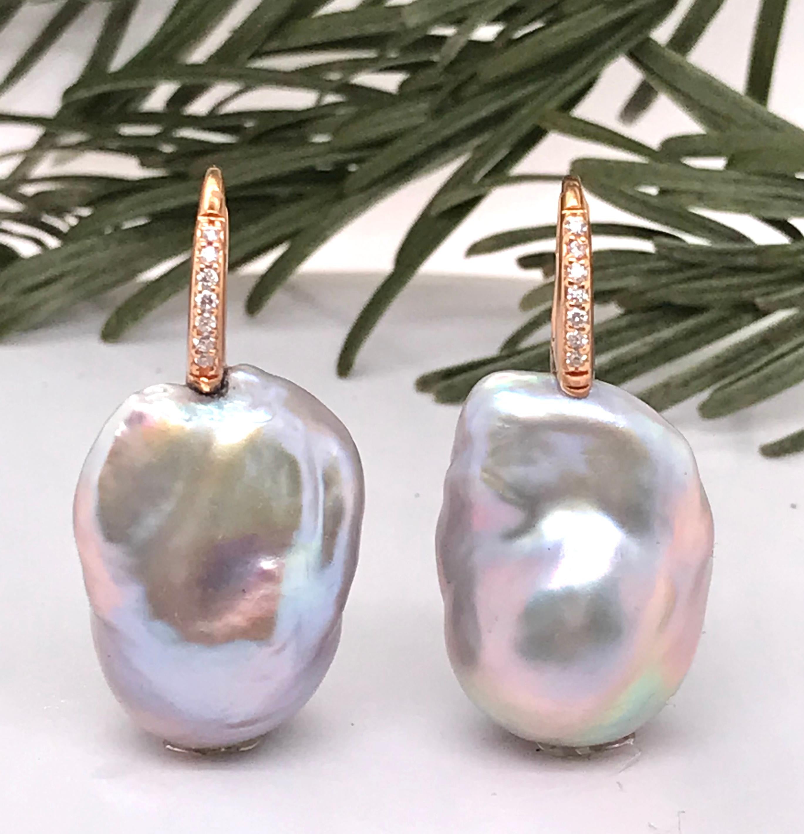Baroque Pearl with White Diamond on Rose Gold 18 Karat Drop Earring 3