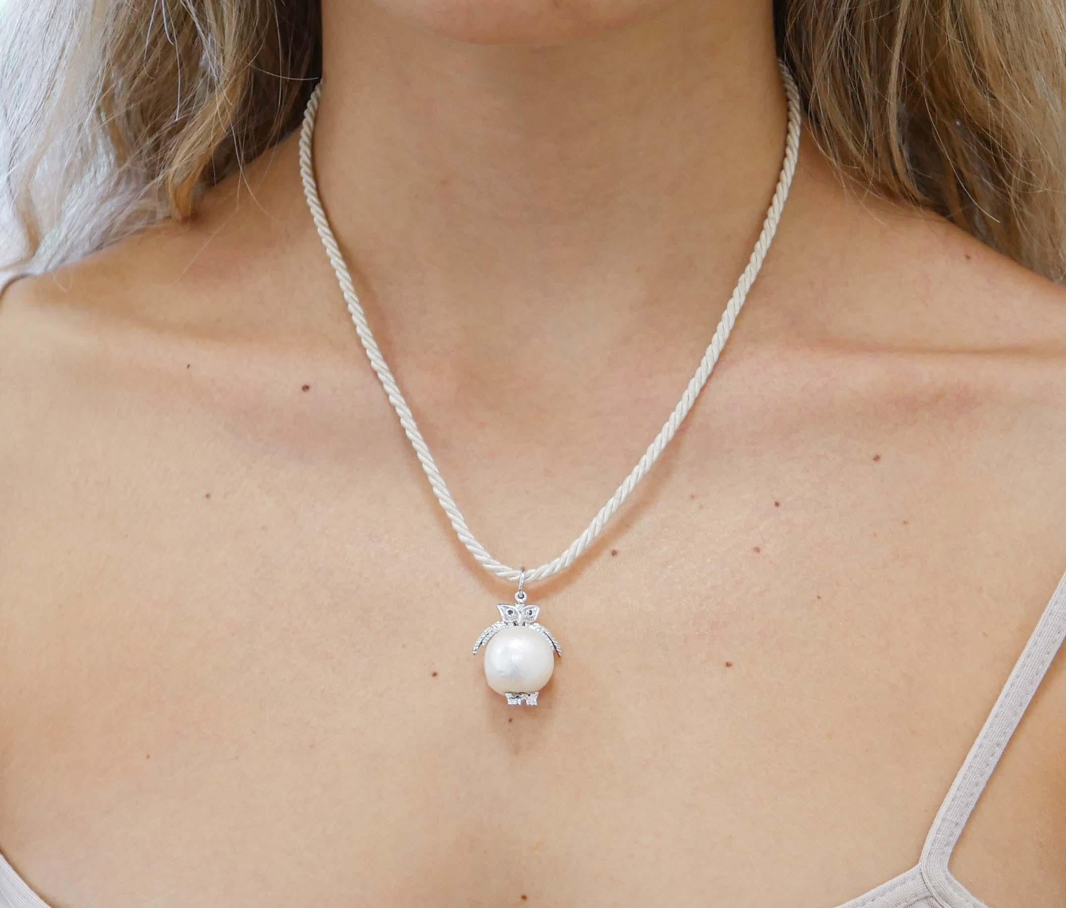 Women's Baroque Pearl, Black Diamonds, 14 Karat White Gold Owl Pendant Necklace. For Sale