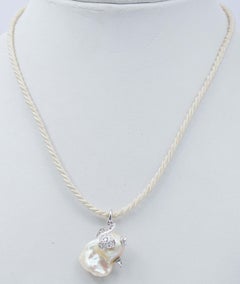 Baroque Pearl, Diamonds, 14 Karat White Gold  Fish Pendant Necklace.