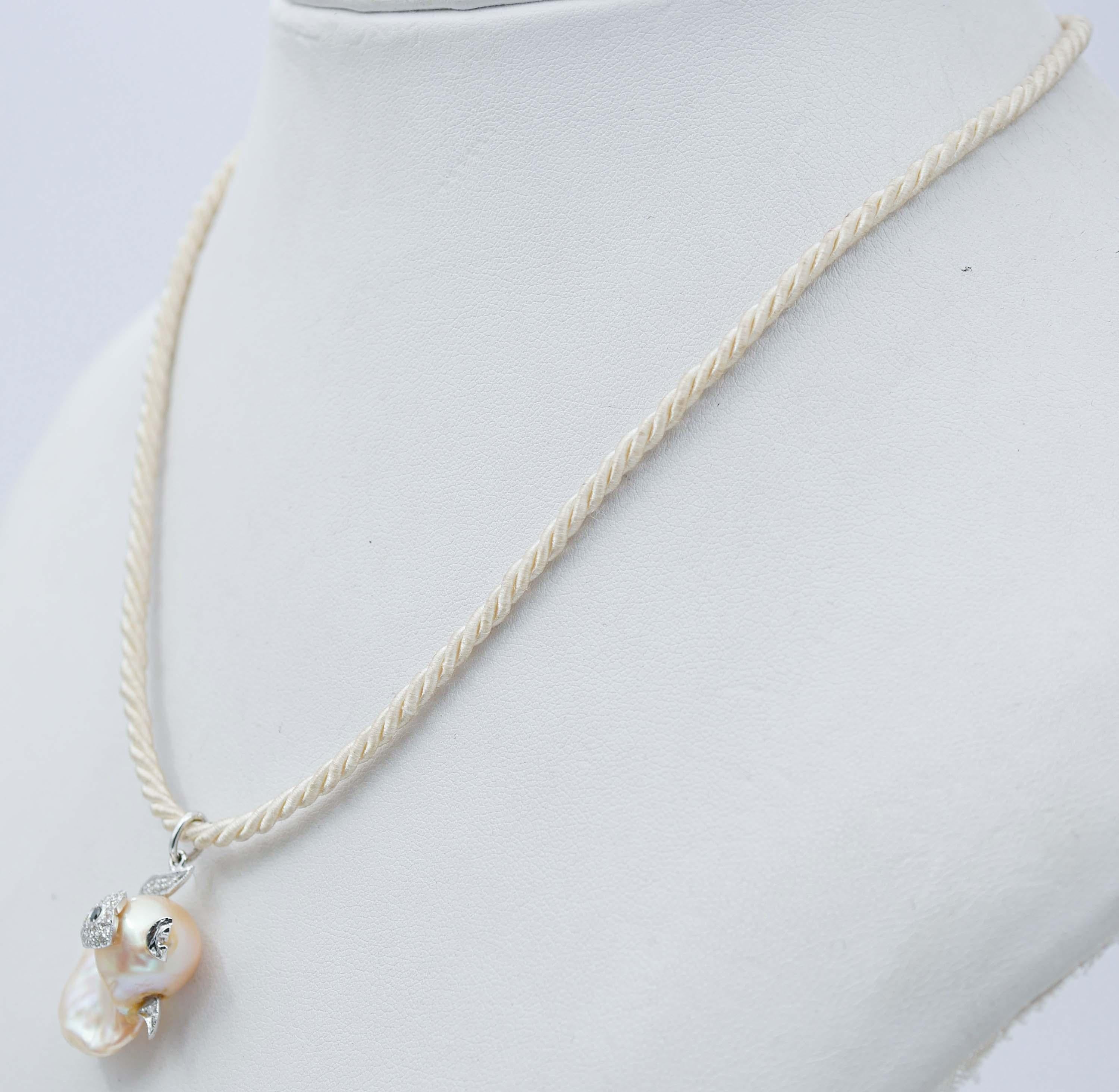 Retro Baroque Pearl, Diamonds, 14 Karat White Gold  Fish Pendant Necklace.