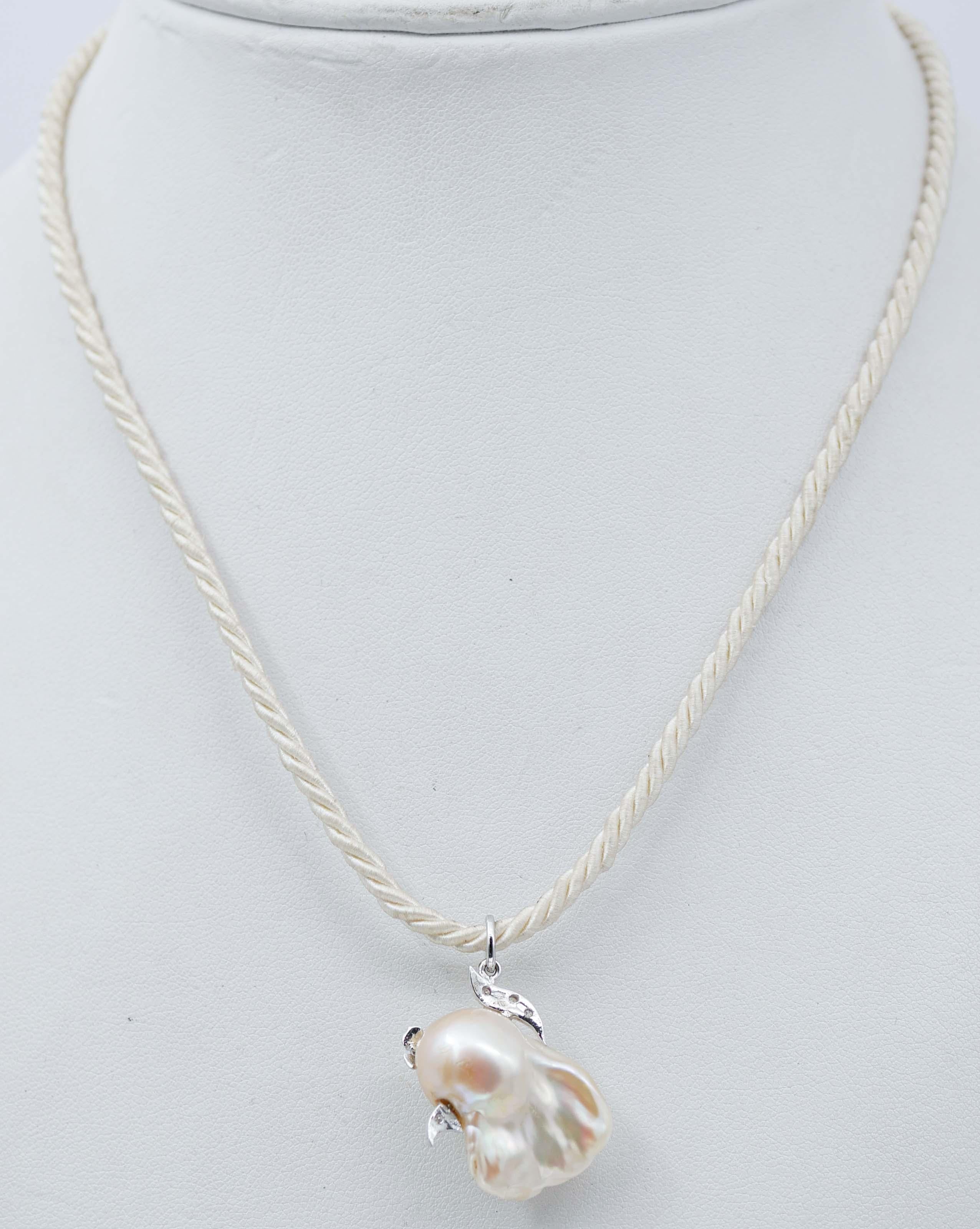 Mixed Cut Baroque Pearl, Diamonds, 14 Karat White Gold  Fish Pendant Necklace.