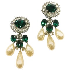 Vintage Baroque pearl, emerald paste drop earrings, Christian Dior by Mitchel Maer, 1950s