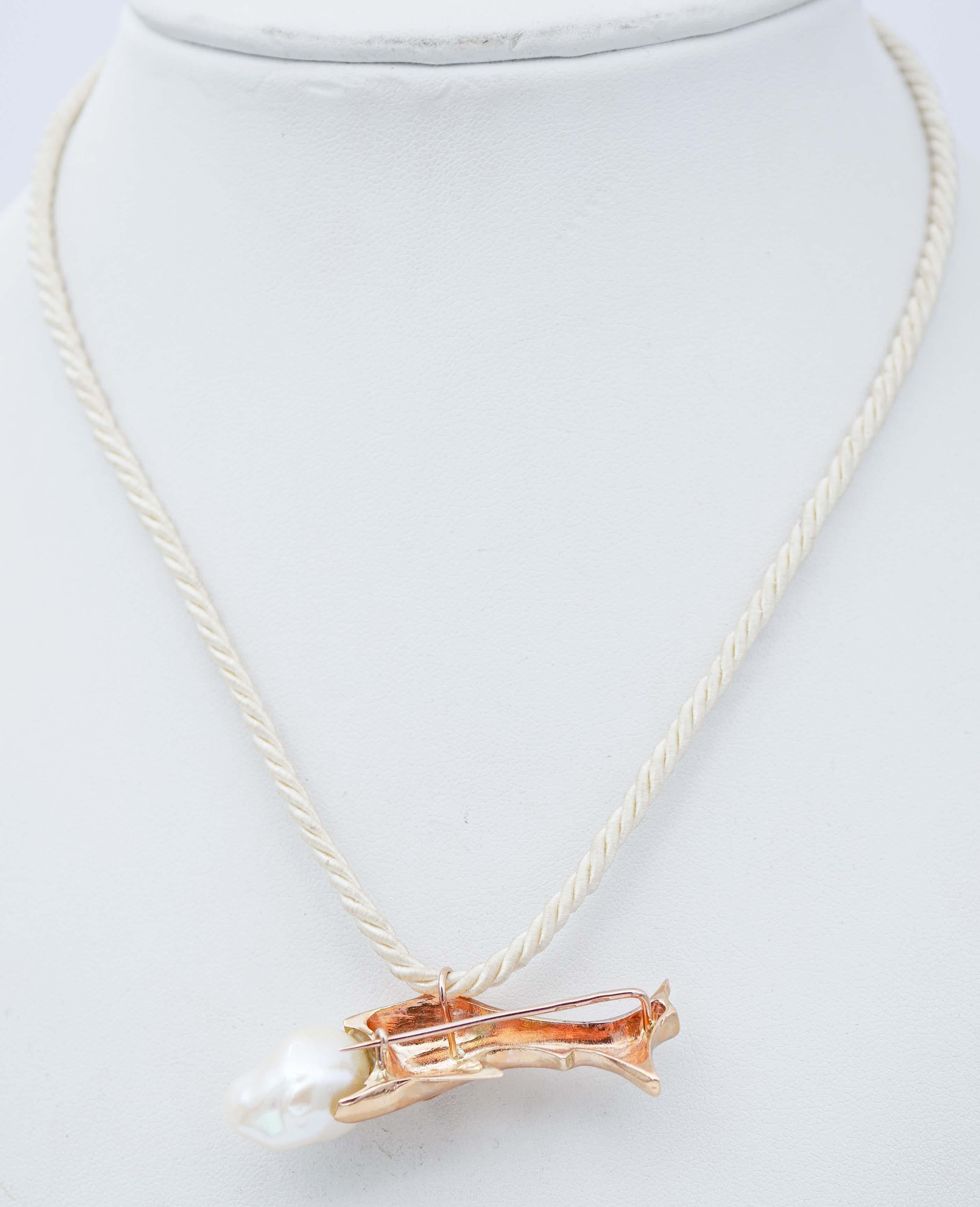 Retro Baroque Pearl, Rose Gold Brooch/Pendant Necklace.