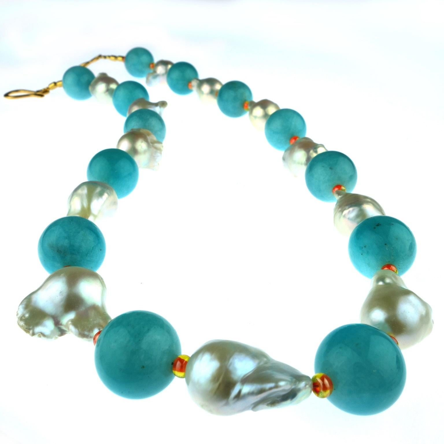 Own the jewelry you wish for

Custom made Summer necklace of large funky white Baroque Pearls and large highly polished Amazonite (16MM) accented with orange Czech crystal beads.  How fun is that?!  Wear this all summer, in any warm climate. This