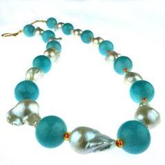 Gemjunky Summer Baroque Pearls, Amazonite and Orange Czech Beads Necklace