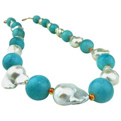 Gemjunky Summer Baroque Pearls, Amazonite and Orange Czech Beads Necklace