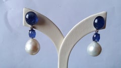 Baroque Pearls and Blue Sapphire Oval Cabochon Gold Diamonds Drop Earrings