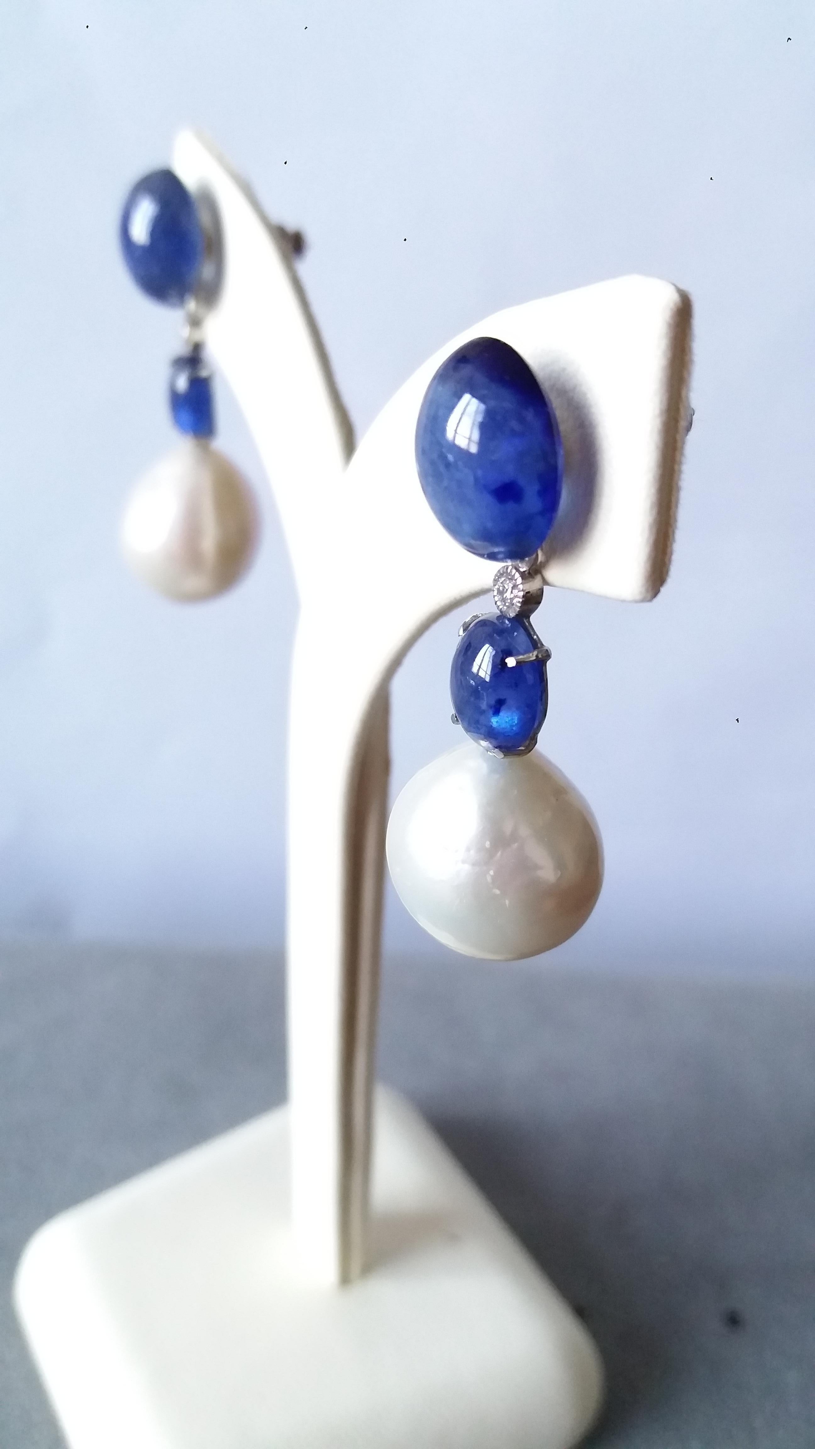 Women's Baroque Pearls and Blue Sapphire Oval Cabochon Gold Diamonds Drop Earrings