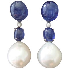 Baroque Pearls and Blue Sapphire Oval Cabochon Gold Diamonds Drop Earrings