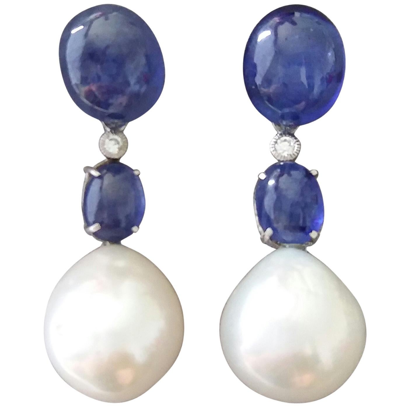 Baroque Pearls and Blue Sapphire Oval Cabochon Gold Diamonds Drop Earrings For Sale