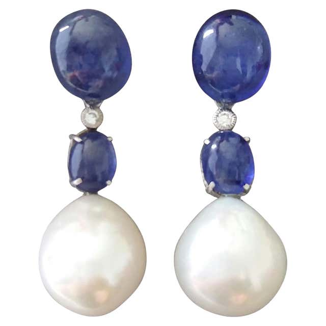 Grey Baroque Pearls Oval Blue Sapphire Cabs 14K Yellow Gold Bezel Stud ...